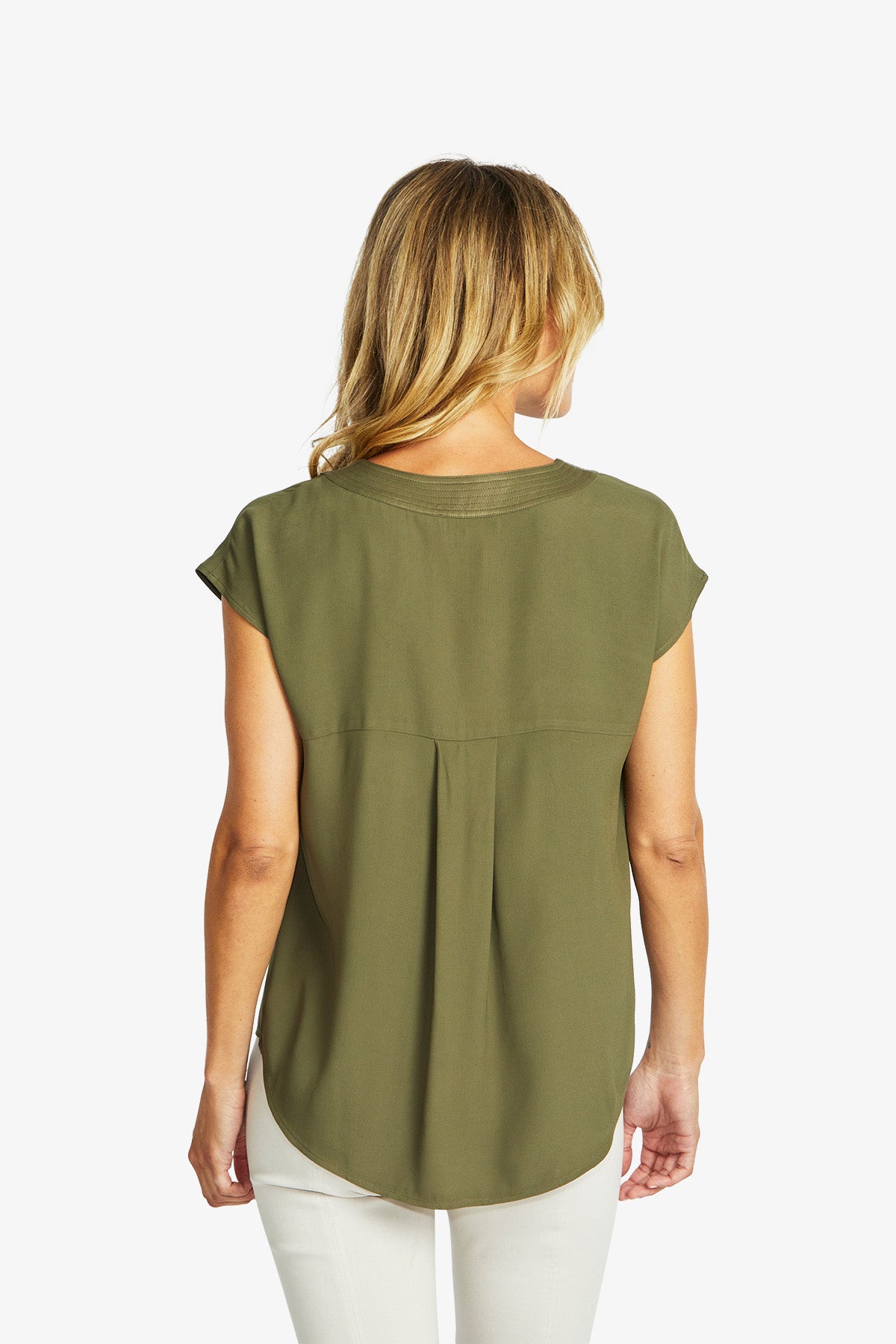 Women's V-Neck Slinky Top in Khaki Green | Helen