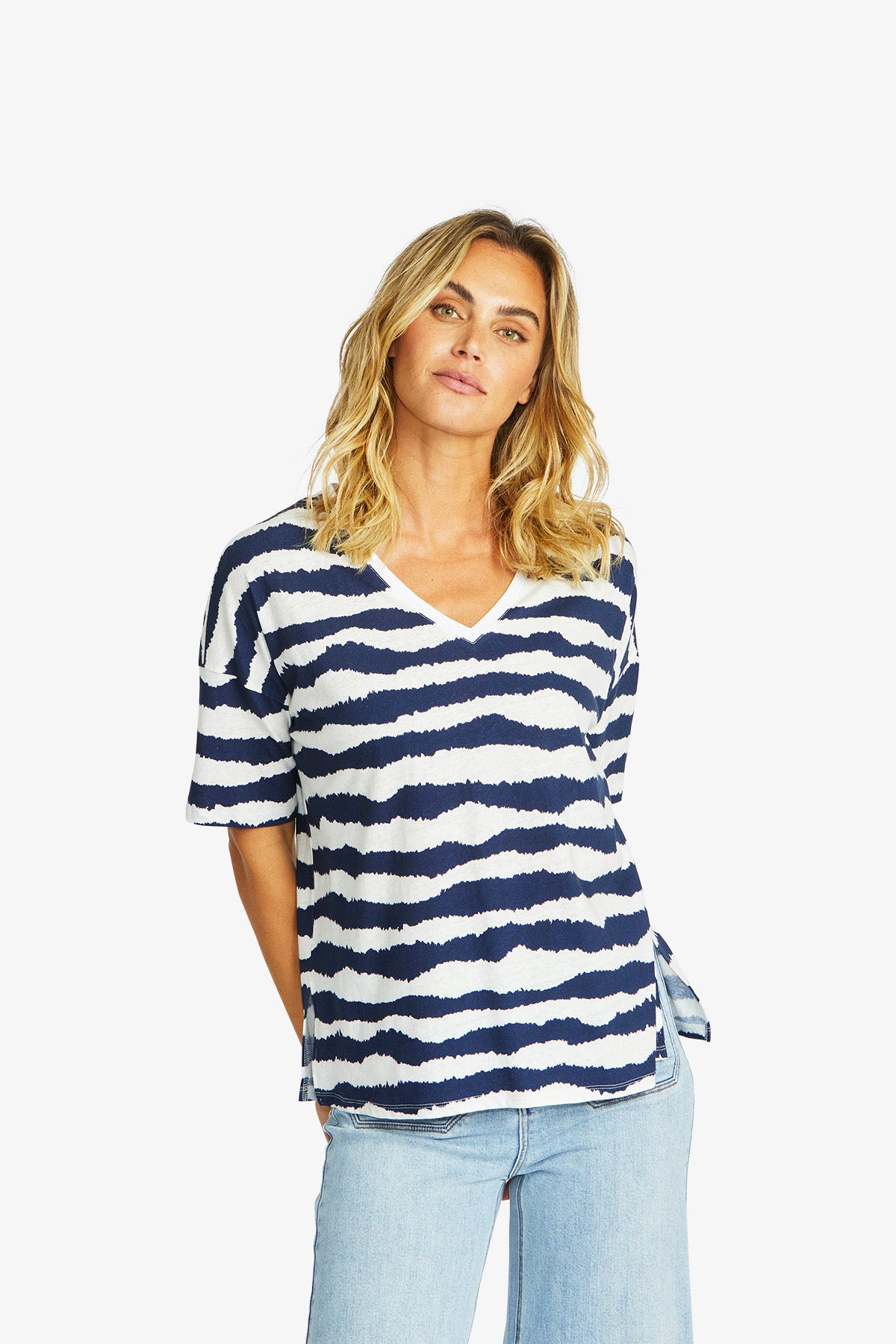 Women's V-Neck T-Shirt in White and Navy | Wave