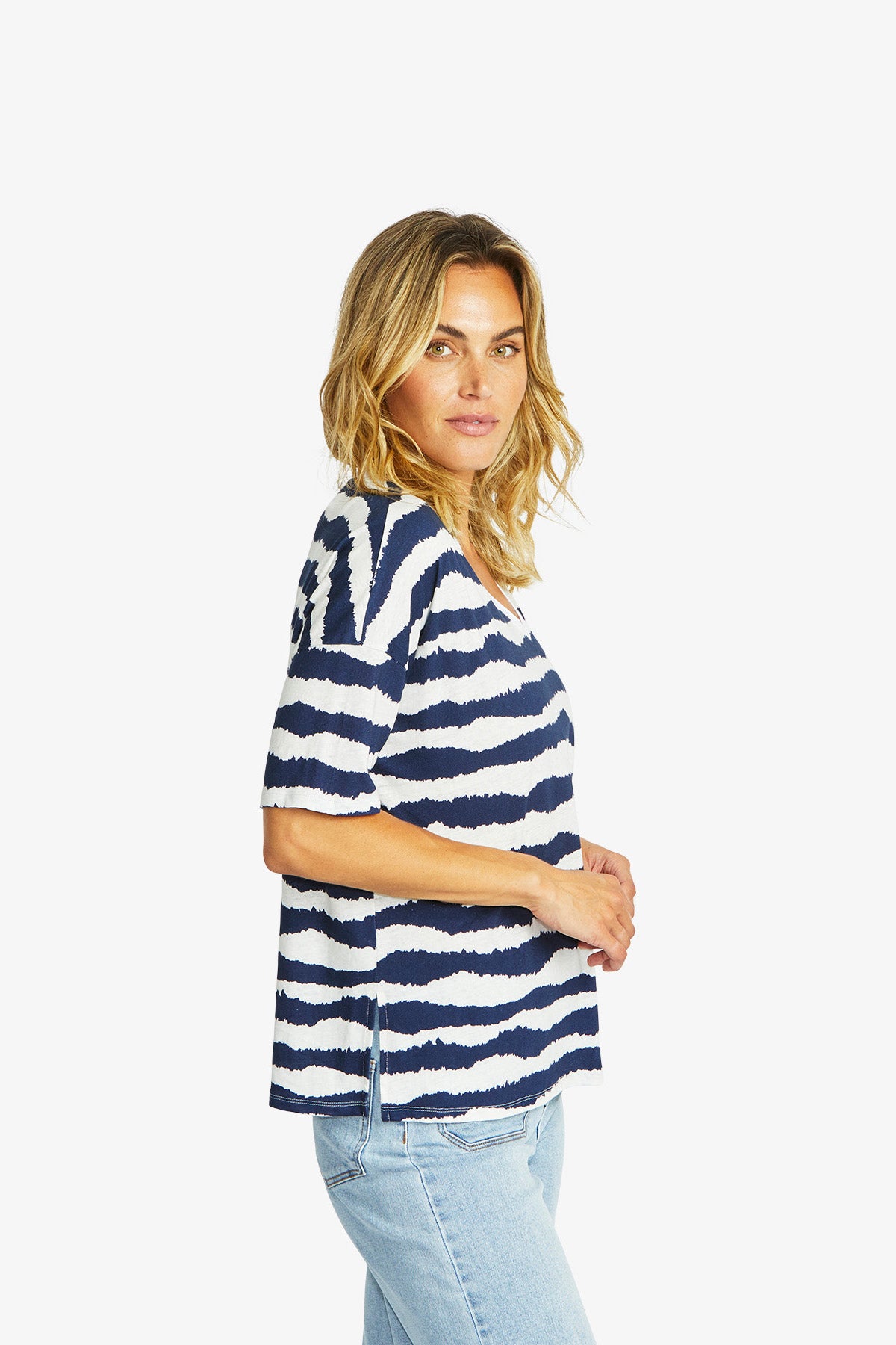 Women's V-Neck T-Shirt in White and Navy | Wave
