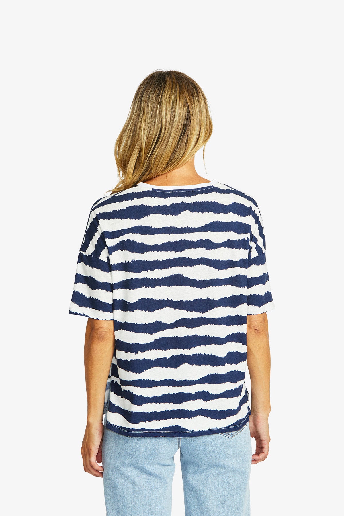 Women's V-Neck T-Shirt in White and Navy | Wave