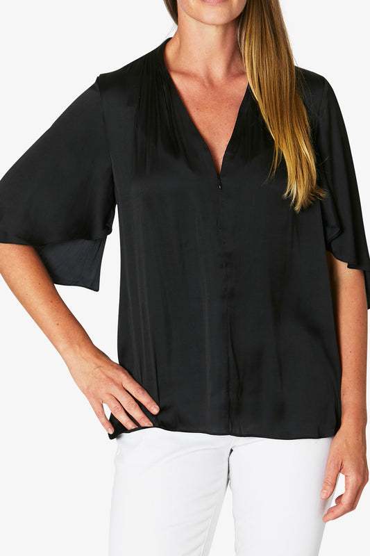 Zip Front Elbow Sleeve Top Black