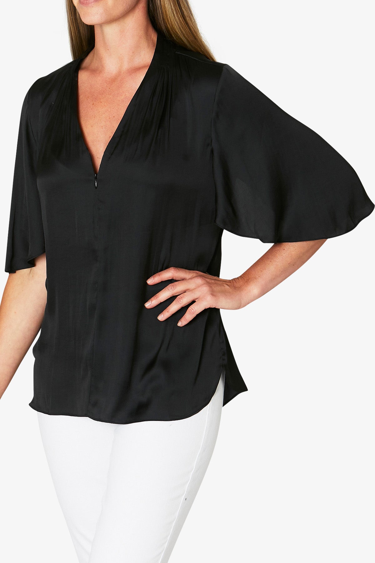 Zip Front Elbow Sleeve Top Black