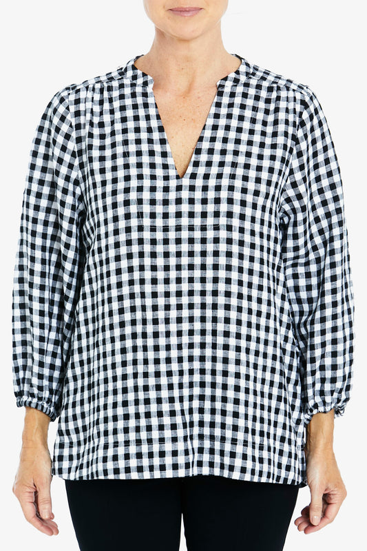 3/4 Sleeve Gingham Blouse Black and White