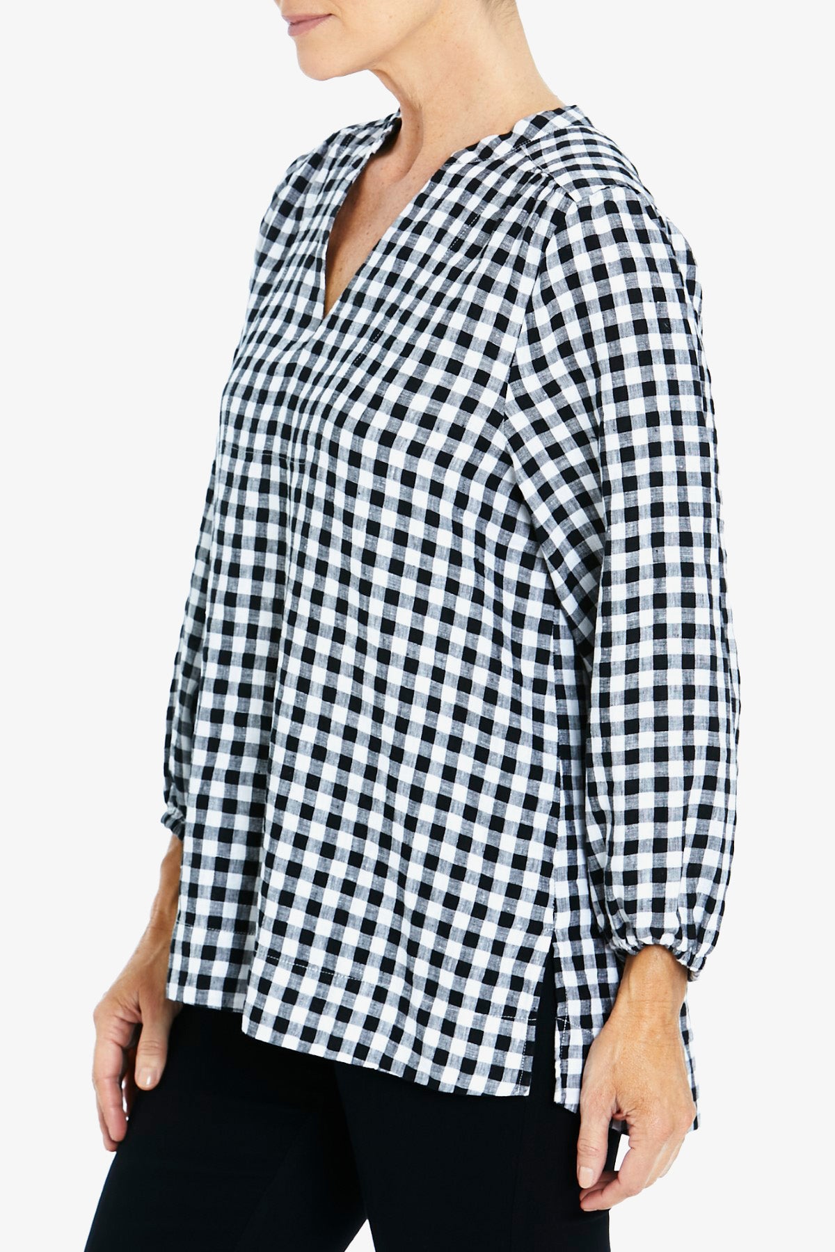 3/4 Sleeve Gingham Blouse Black and White