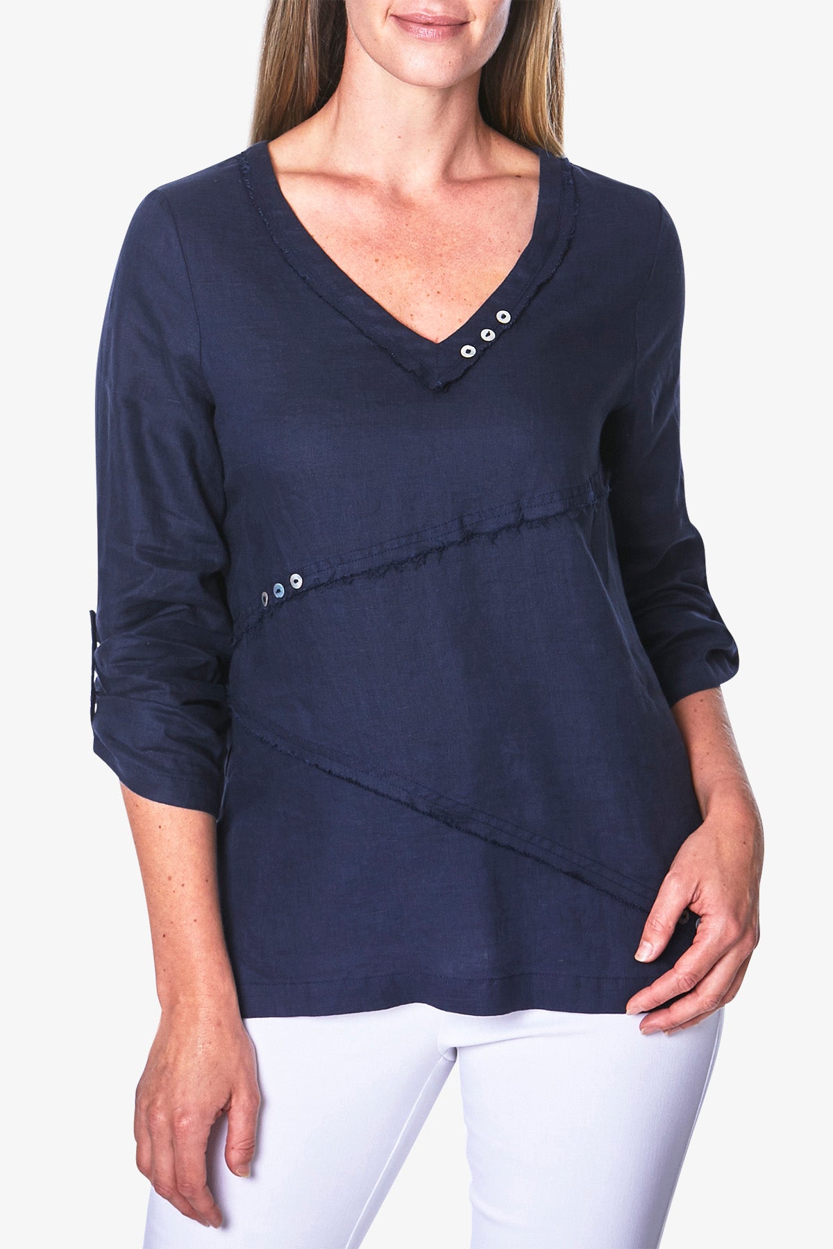 3/4 Sleeve V-Neck Linen Top Navy