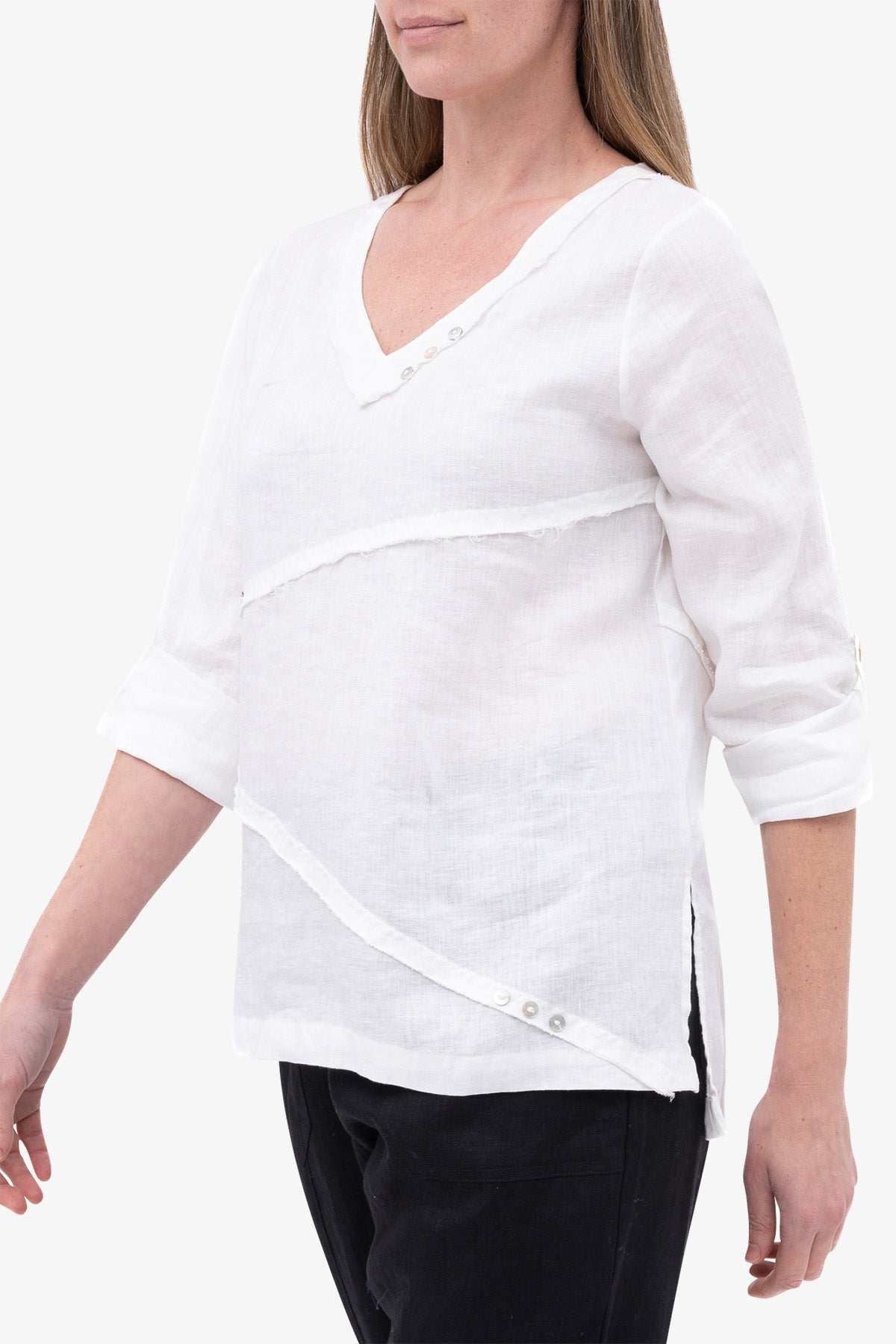 3/4 Sleeve V-Neck Linen Top White