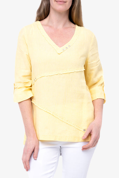 3/4 Sleeve V-Neck Linen Top Lemondrop