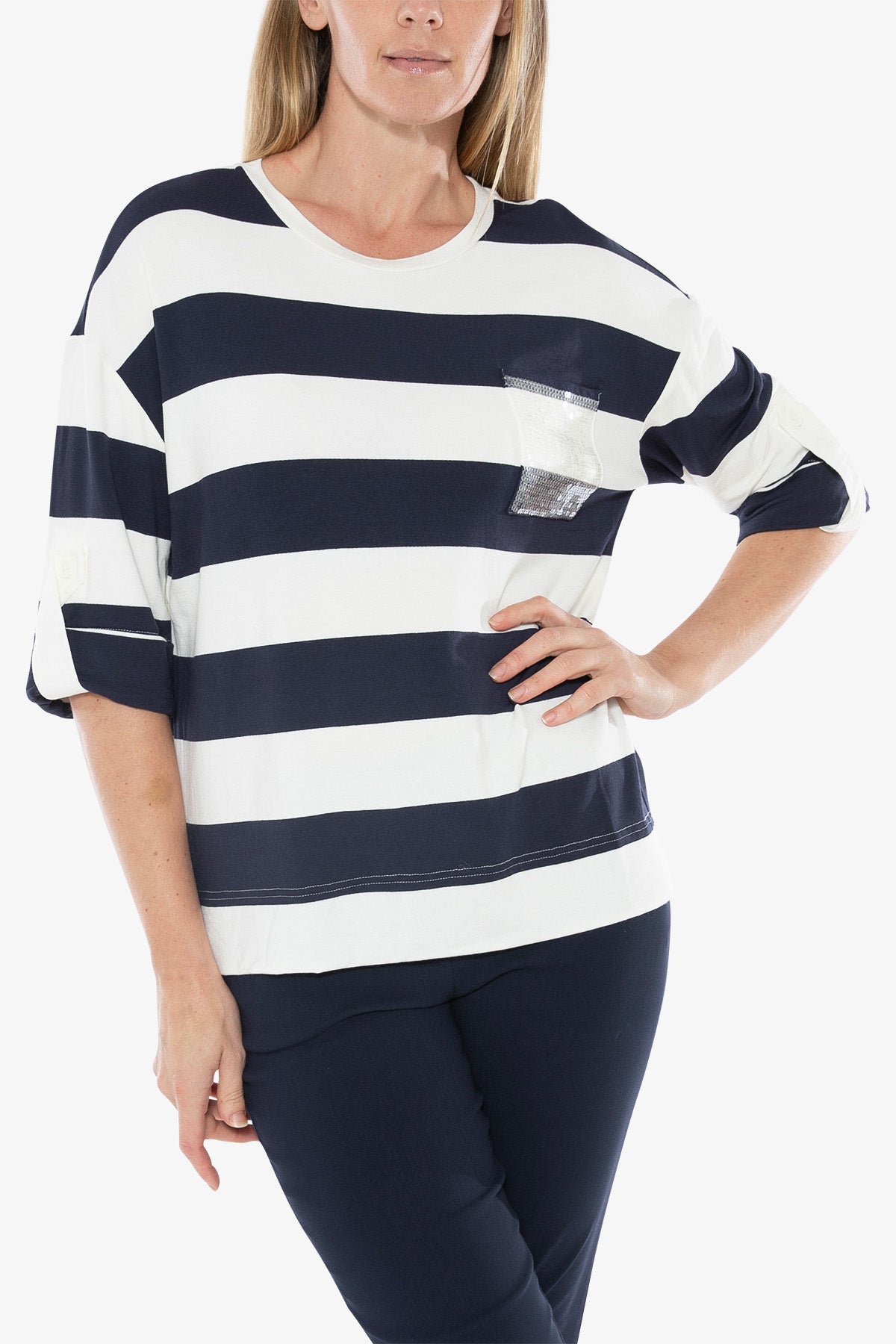 3/4 Tab Sleeve Stripe Top Ivory and Navy