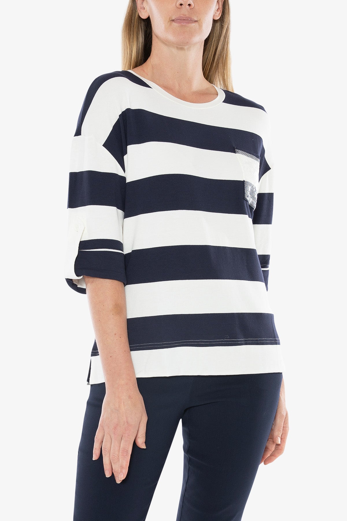 3/4 Tab Sleeve Stripe Top Ivory and Navy