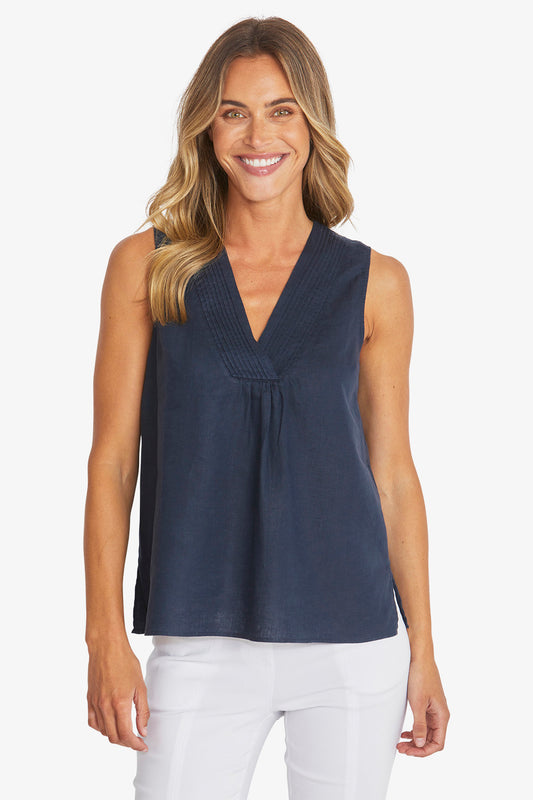 Womens Linen Sleeveless Top Navy P595342