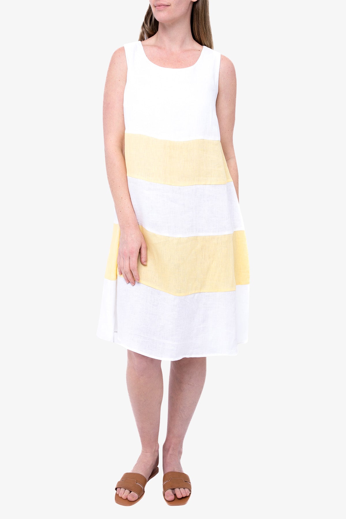 Block Stripe Sleeveless Linen Dress White and Yellow
