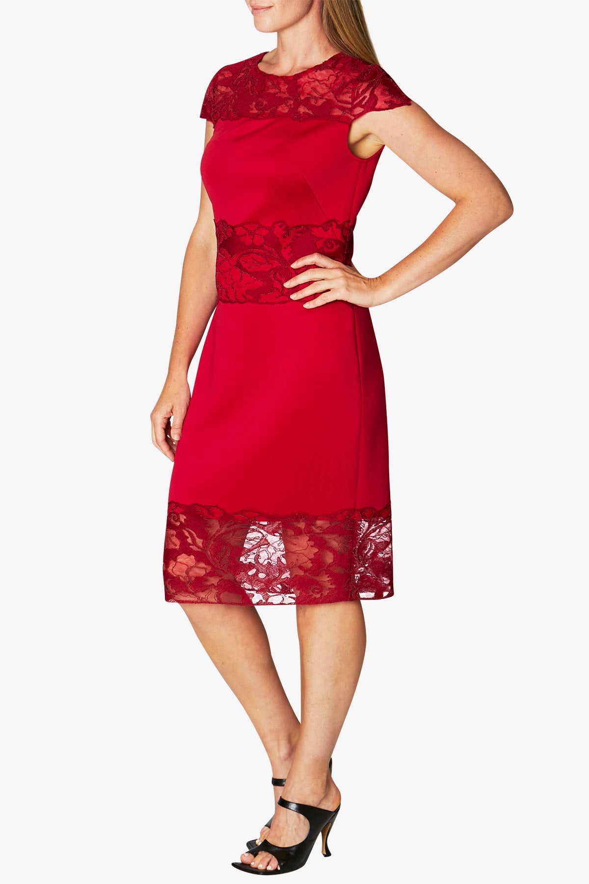 Cap Sleeve Lace Spliced Dress Red