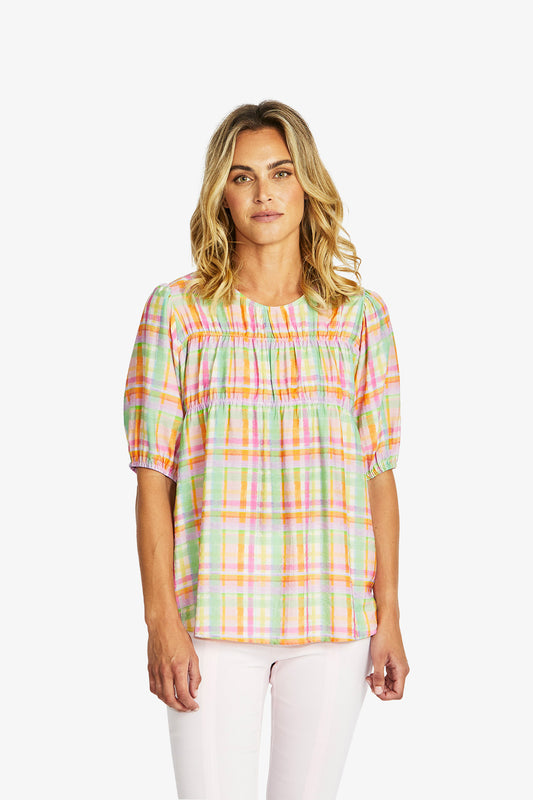 Women's Check Gathered Top Checkerboard in Multicolour | Lizzy