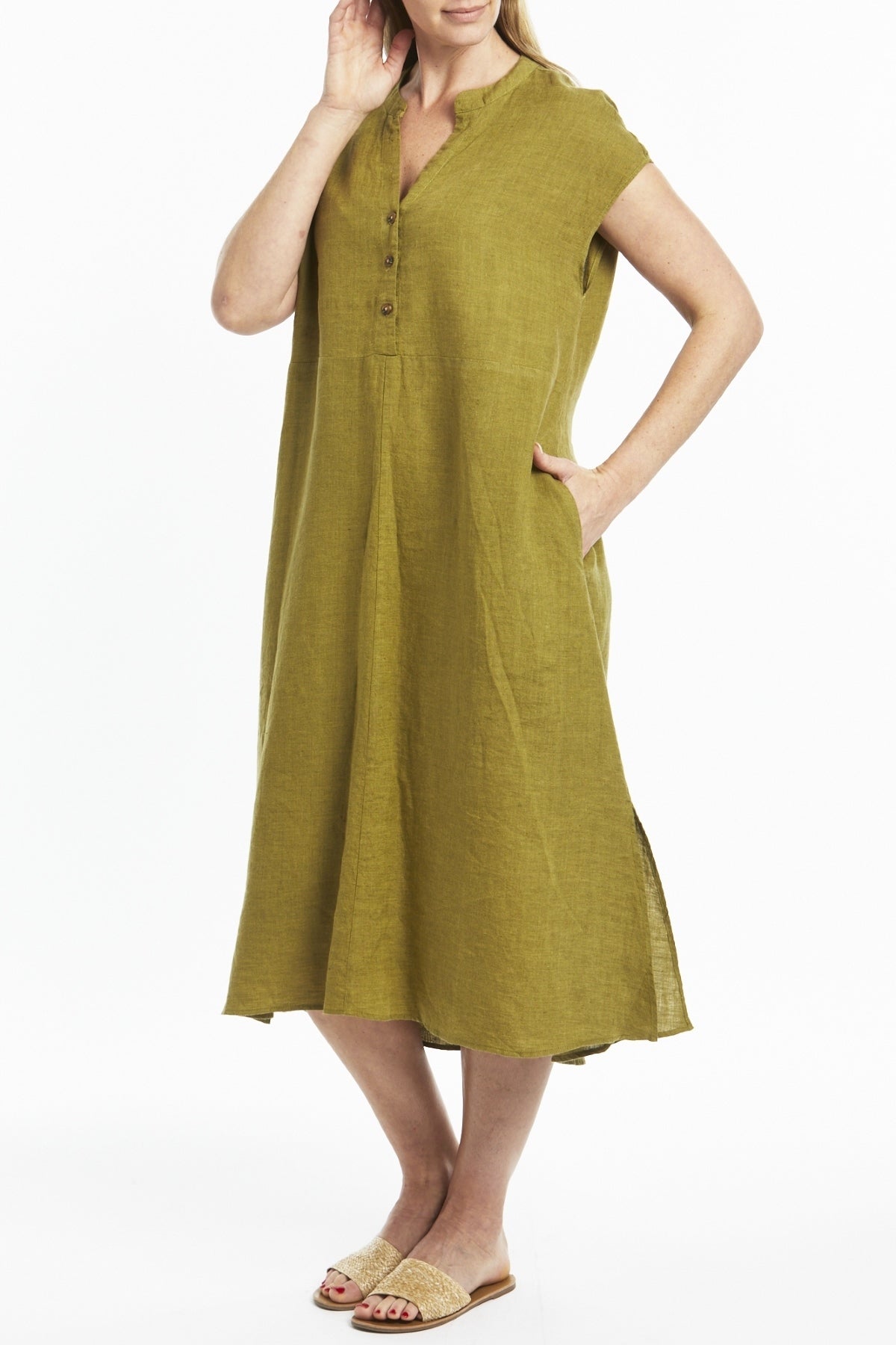 Drop Shoulder Linen Dress Olive
