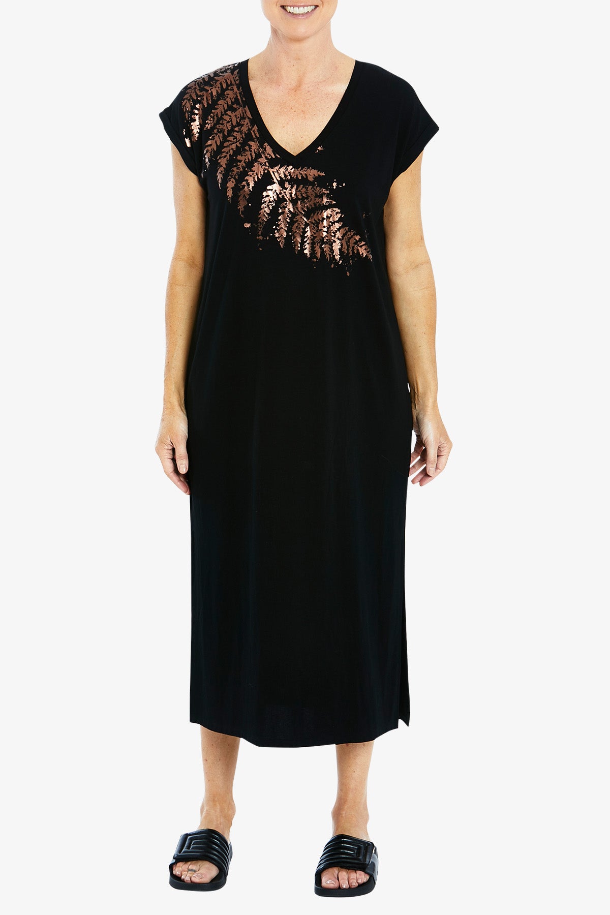 Drop Shoulder Leaf Print Dress Black
