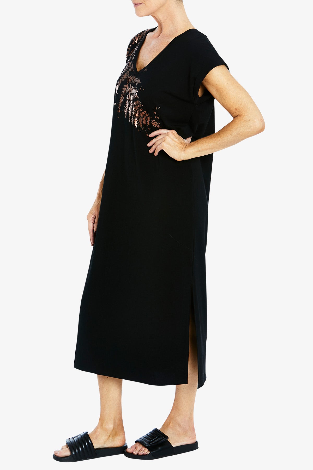 Drop Shoulder Leaf Print Dress Black