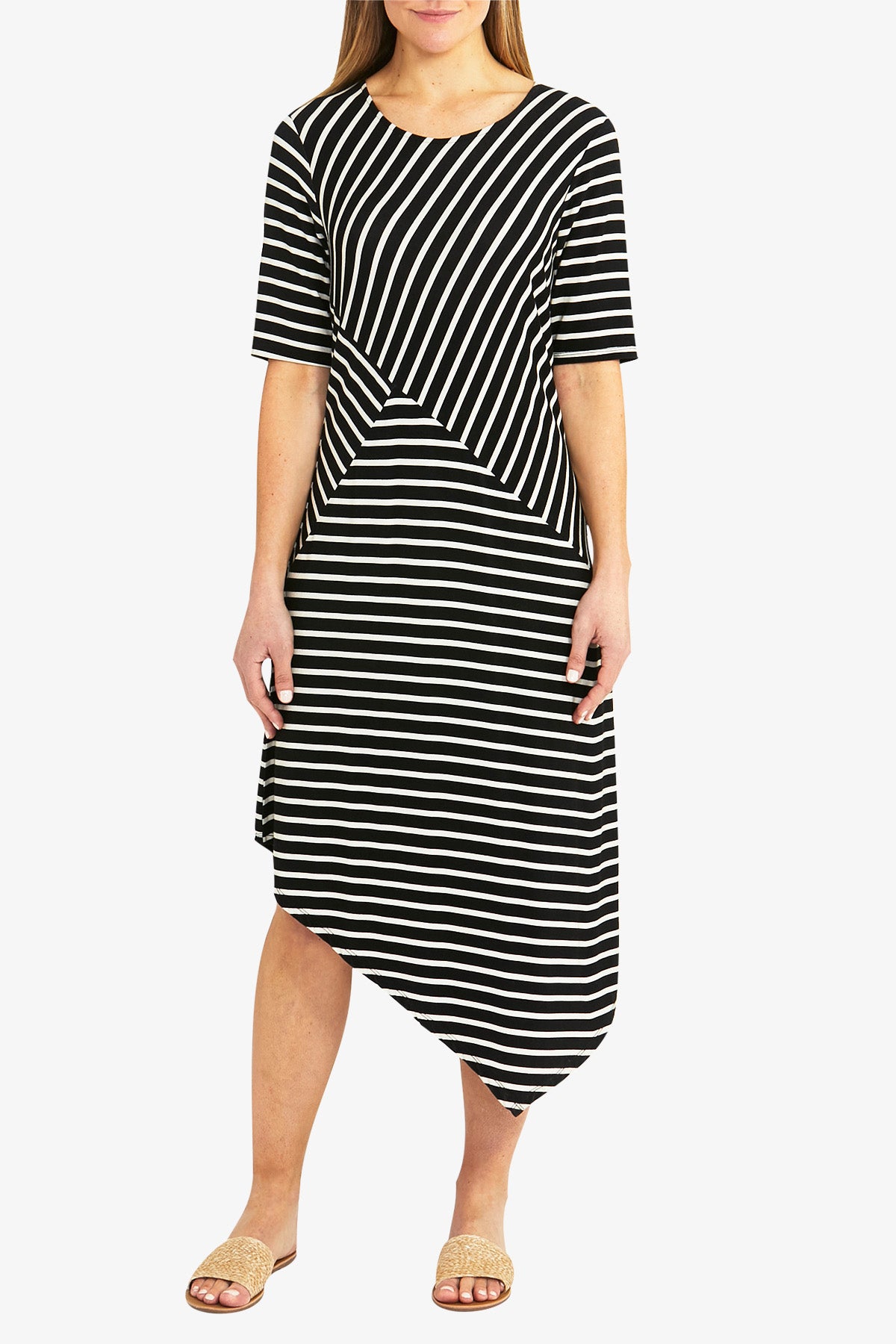 Elbow Sleeve Spliced Stripe Dress Black and Flax