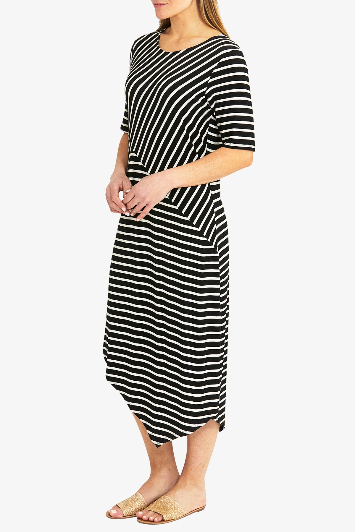 Elbow Sleeve Spliced Stripe Dress Black and Flax