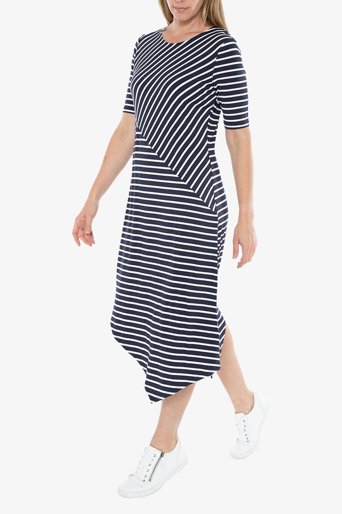 Elbow Sleeve Spliced Stripe Dress Navy and Ivory