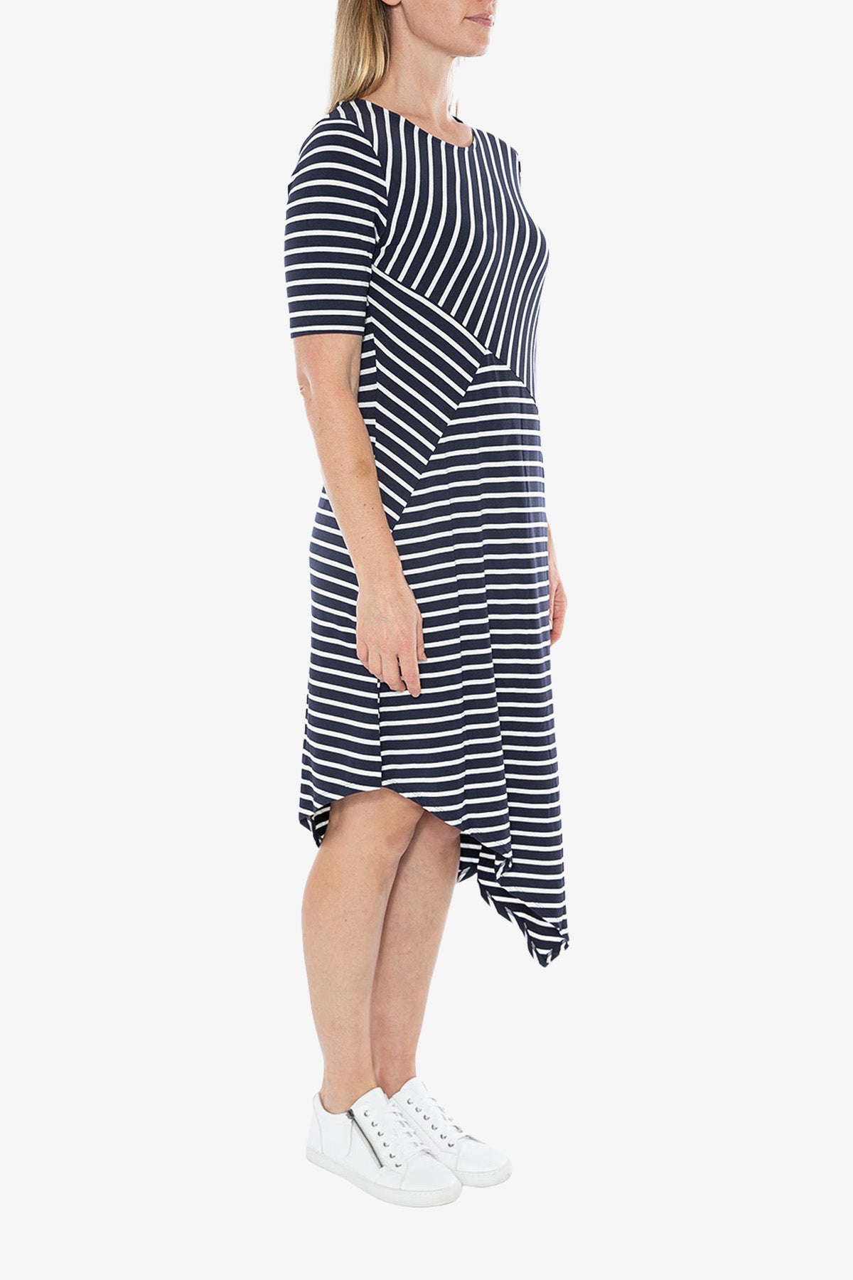 Elbow Sleeve Spliced Stripe Dress Navy and Ivory