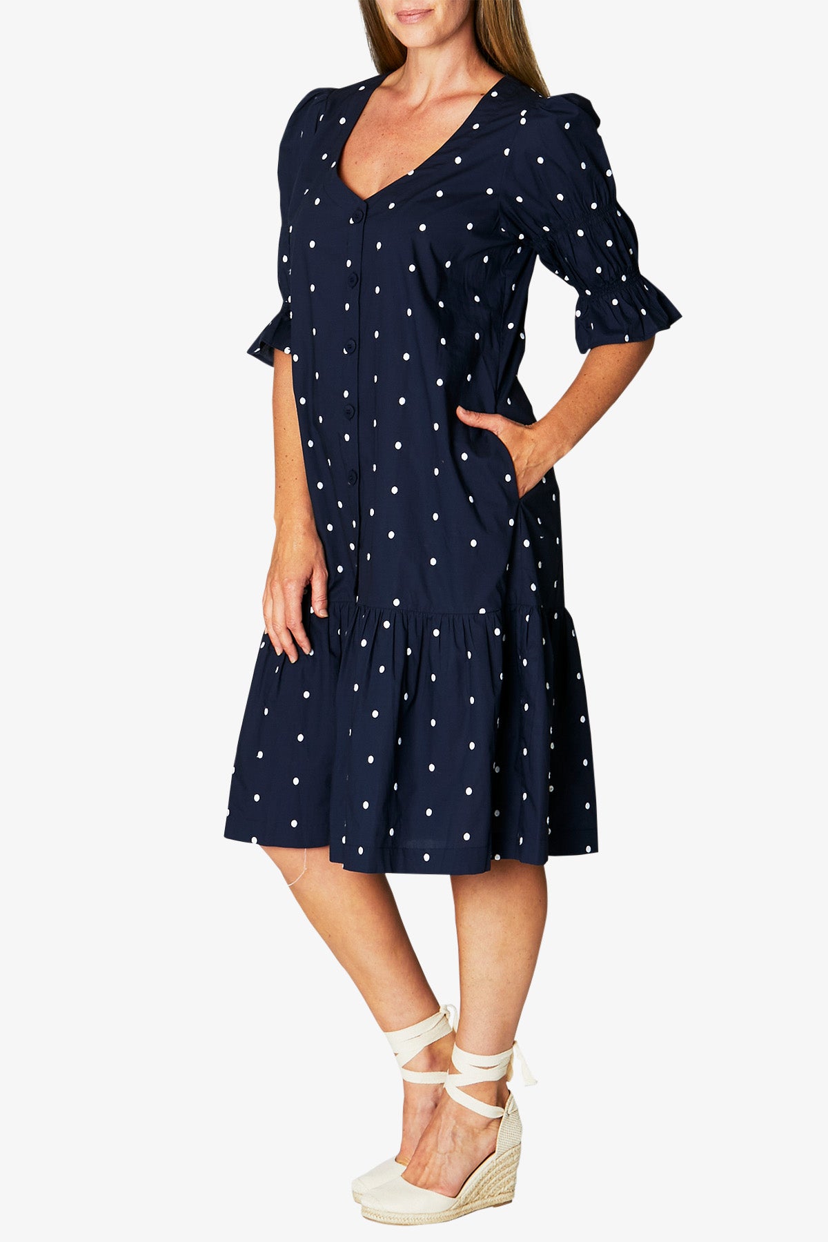 Embroided Spot Ruffle Dress Navy and White