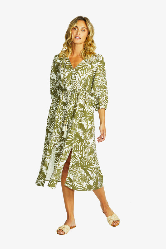 Women's V-Neck Button Dress Print in Green | Flora