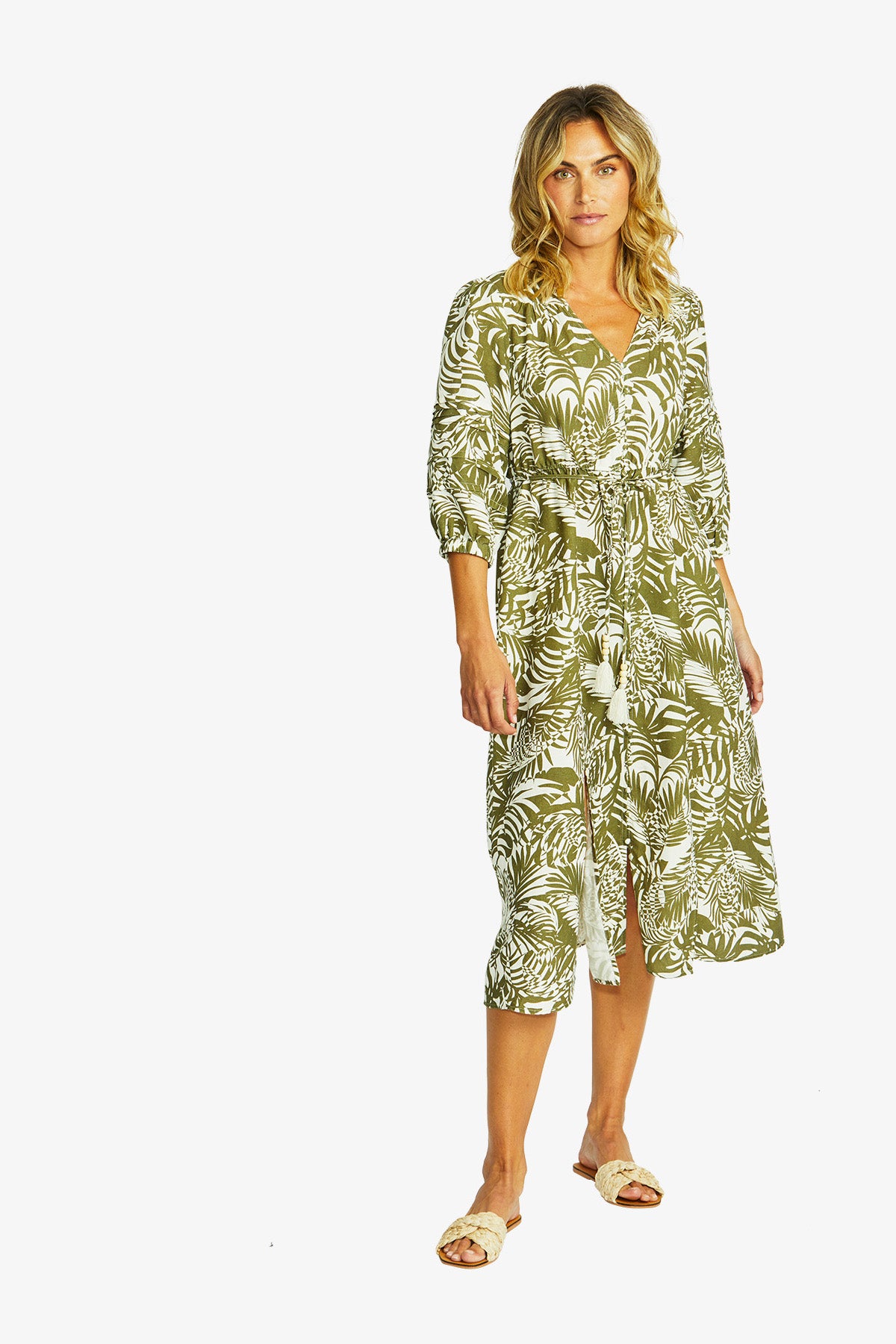 Women's V-Neck Button Dress Print in Green | Flora