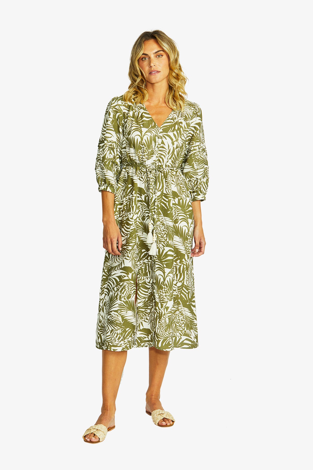 Women's V-Neck Button Dress Print in Green | Flora