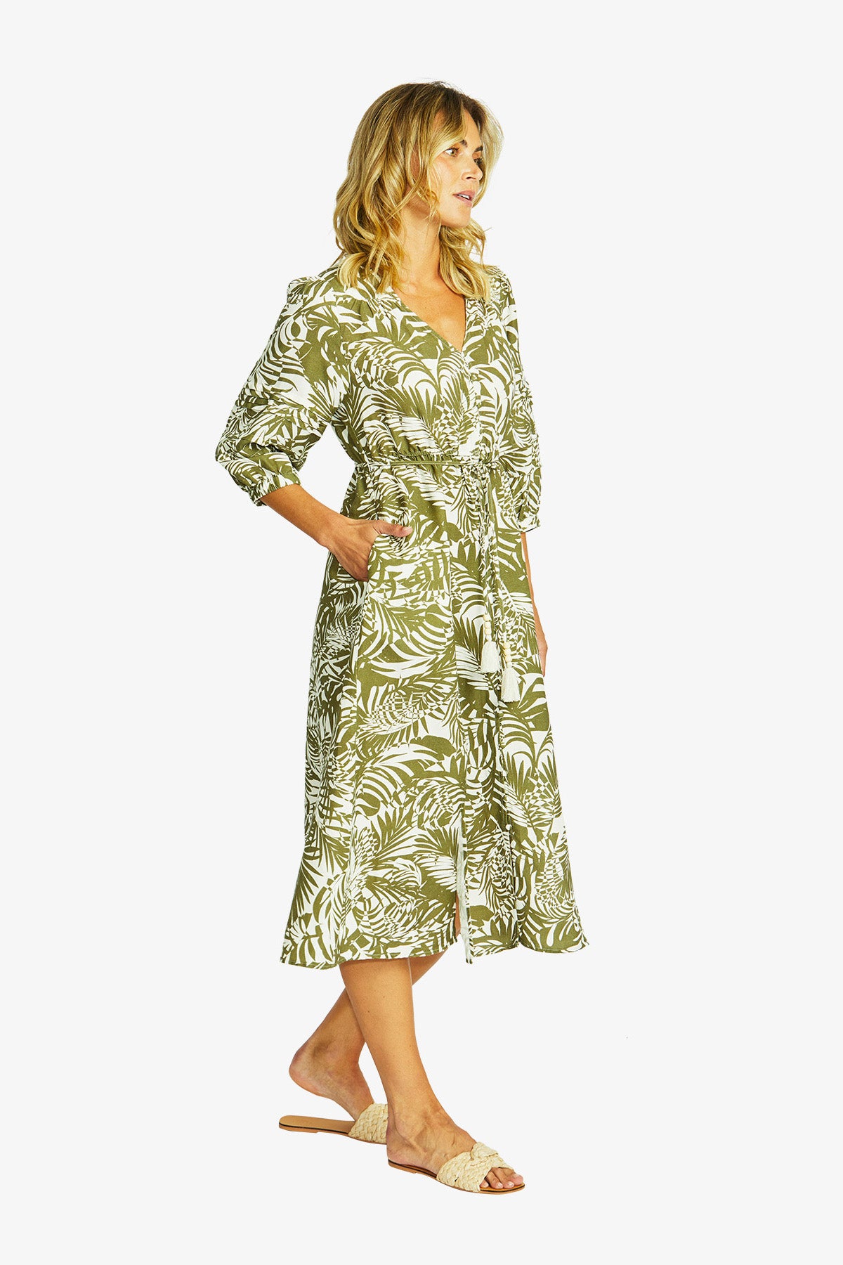 Women's V-Neck Button Dress Print in Green | Flora