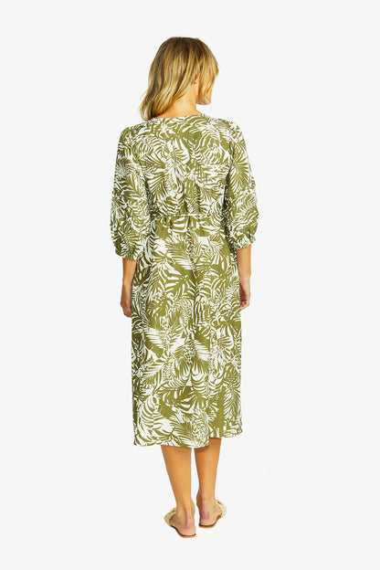 Women's V-Neck Button Dress Print in Green | Flora