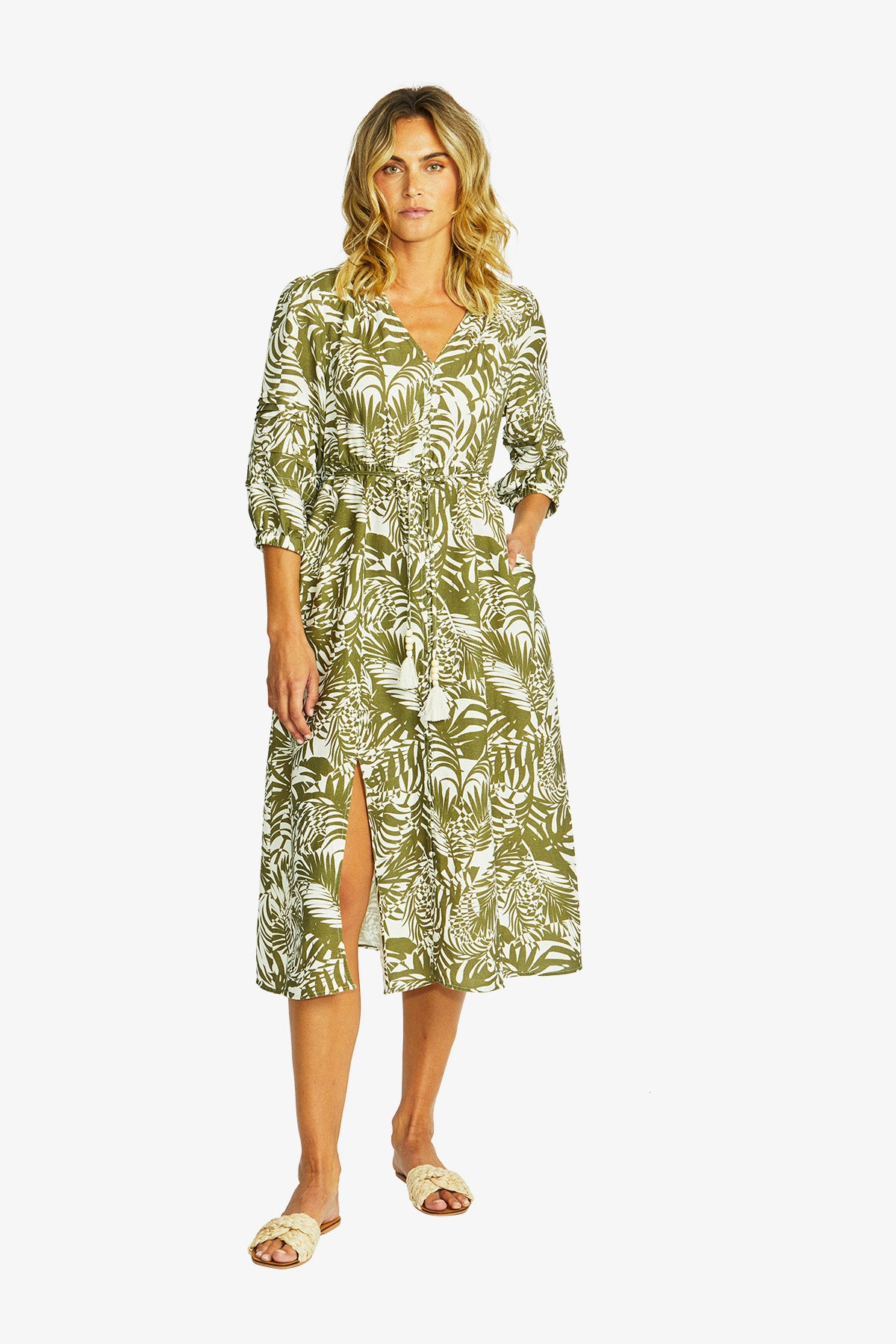 Women's V-Neck Button Dress Print in Green | Flora