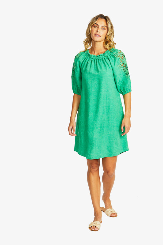 Jojo Linen Lace Trim Dress in Parrot