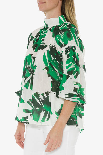 Pussy Bow Blouse Mono Leaf Print