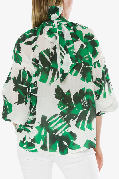 Pussy Bow Blouse Mono Leaf Print