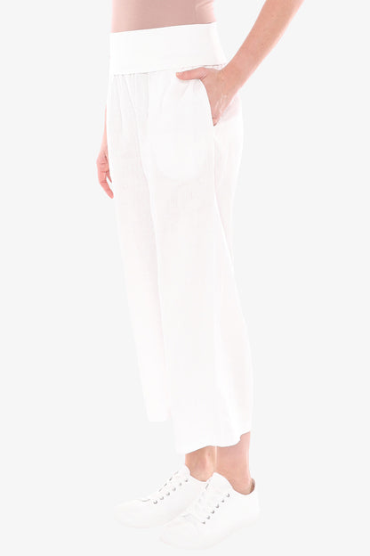 Women's Rollover Waist Linen Pant White