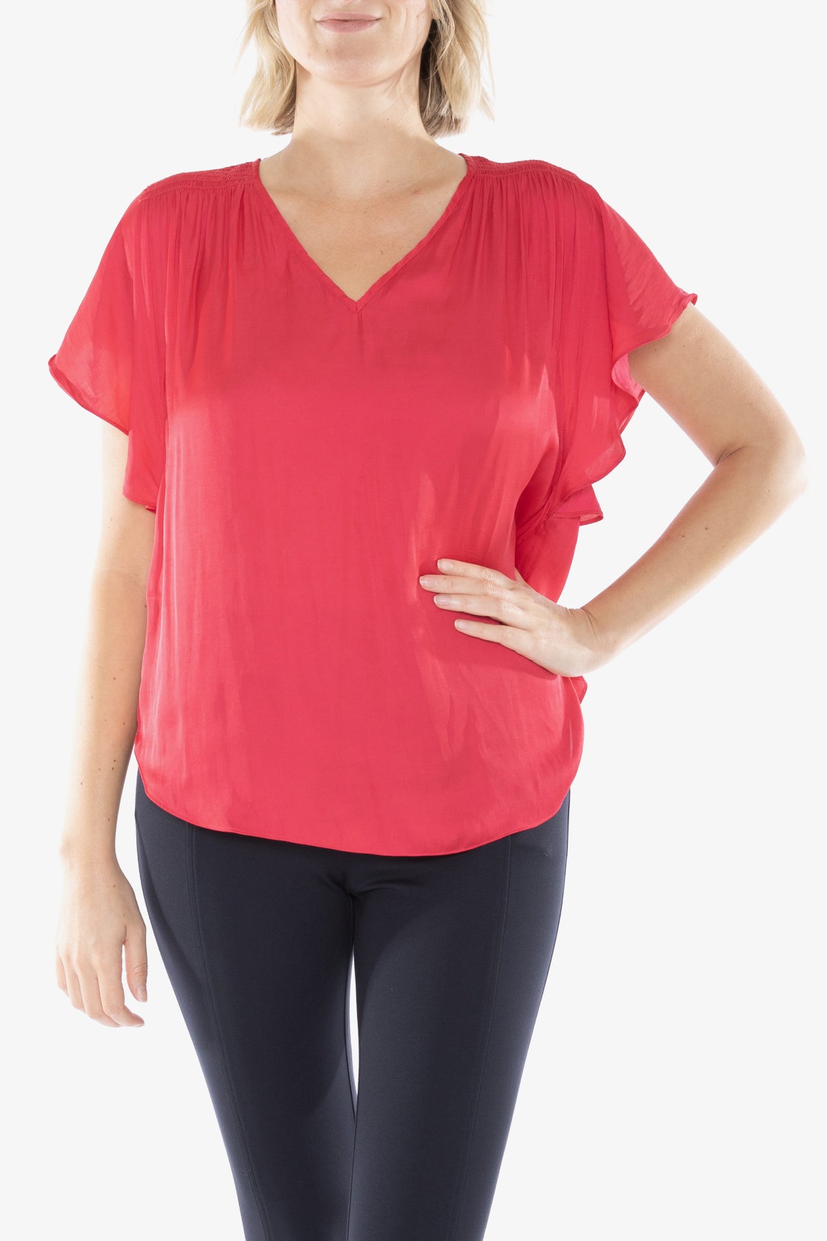 Ruffle Sleeve V-Neck Top in Red