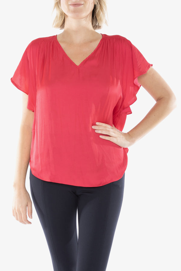 Ruffle Sleeve V-Neck Top in Red