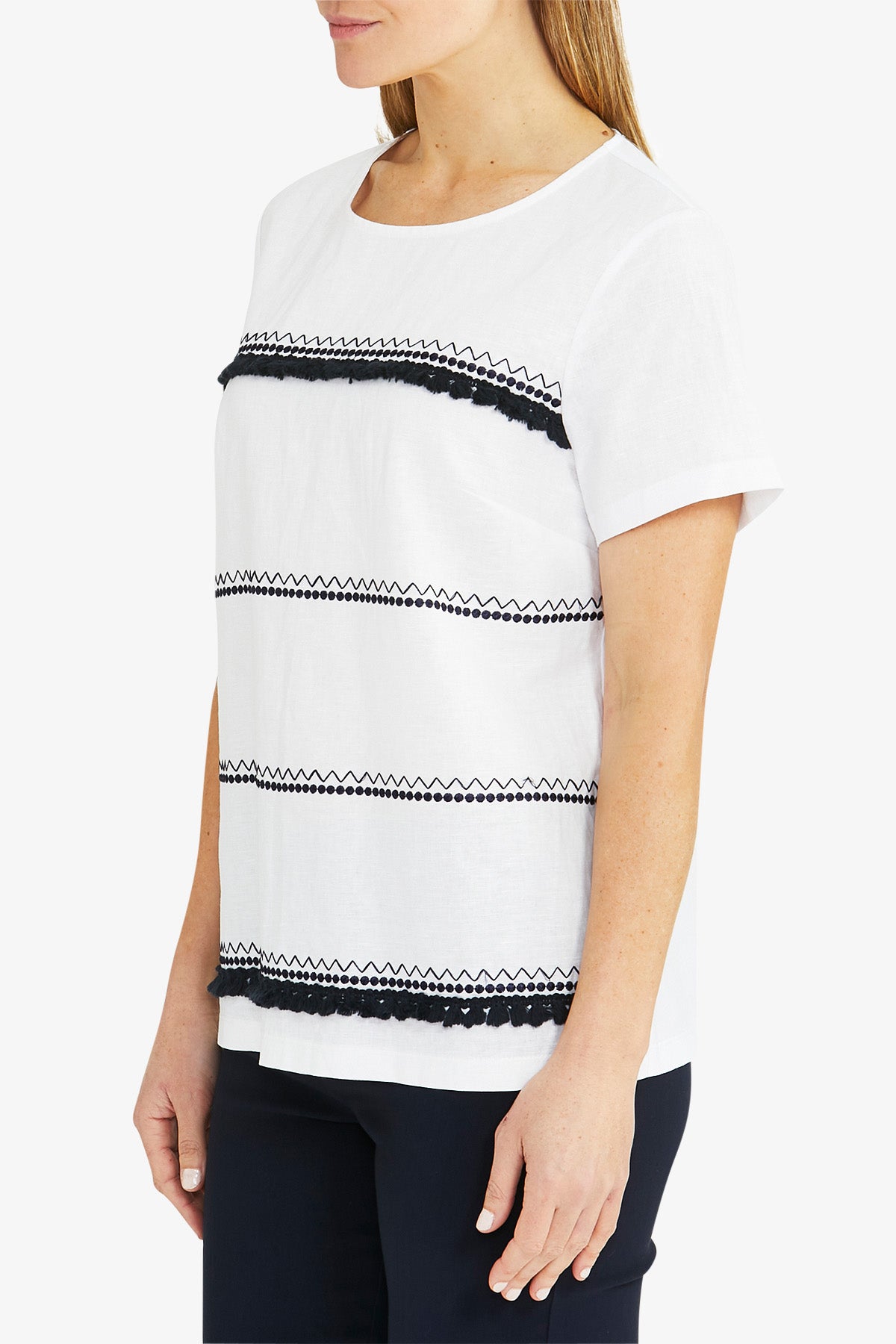 Short Sleeve Embroidered Top White and Navy