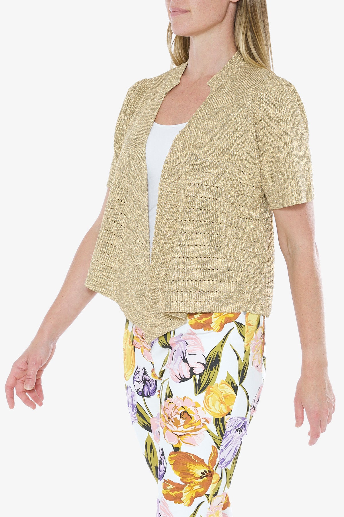 Short Sleeve Lurex Cardigan Gold