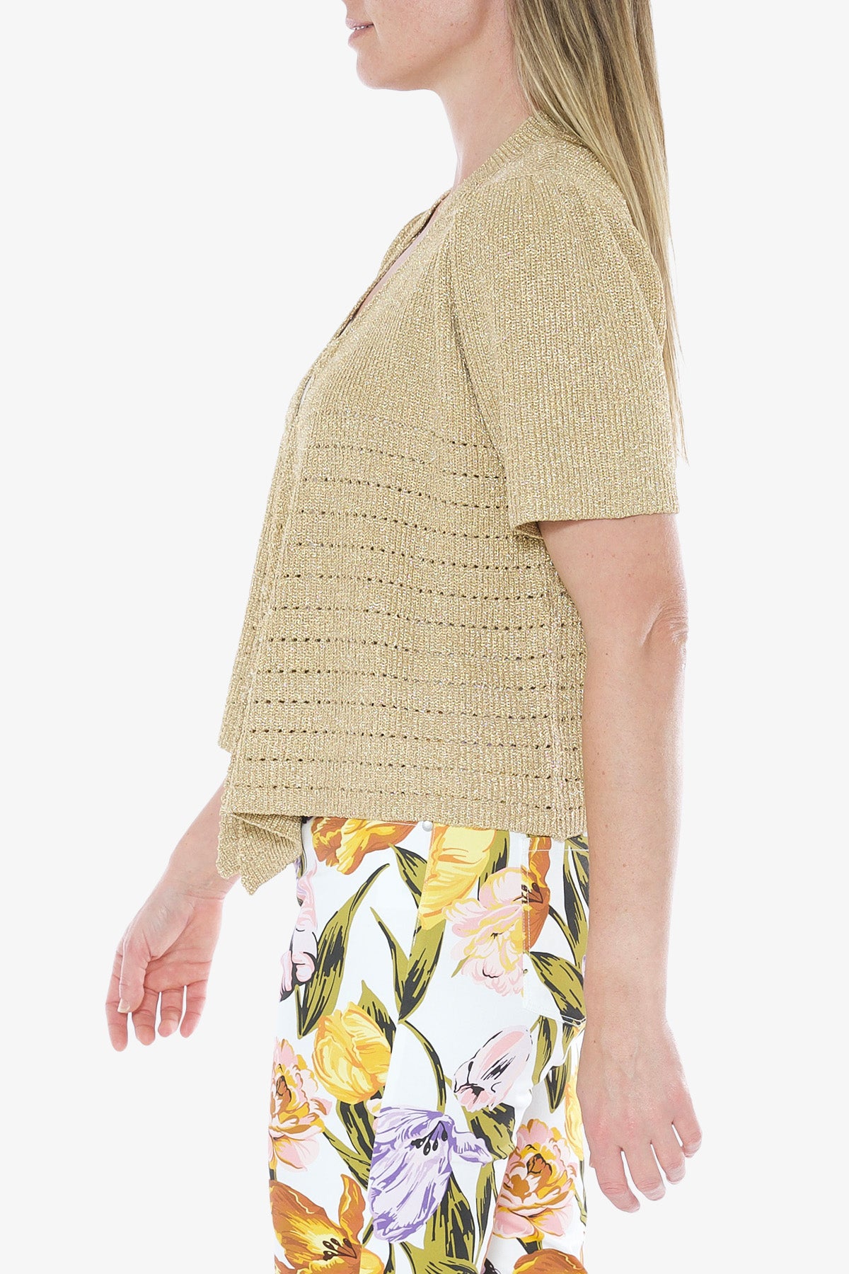 Short Sleeve Lurex Cardigan Gold