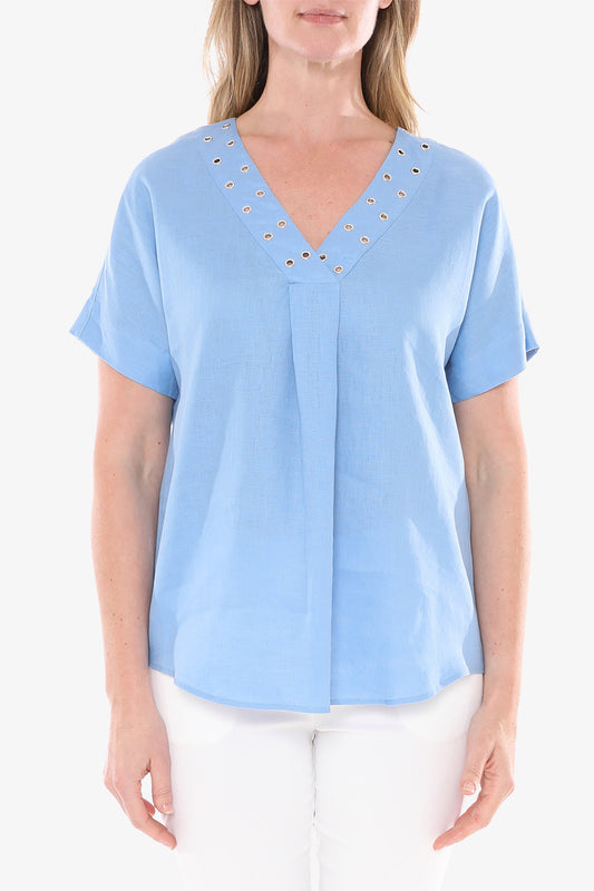 Women's Short Sleeve Eyelet Trim Linen Top Azure