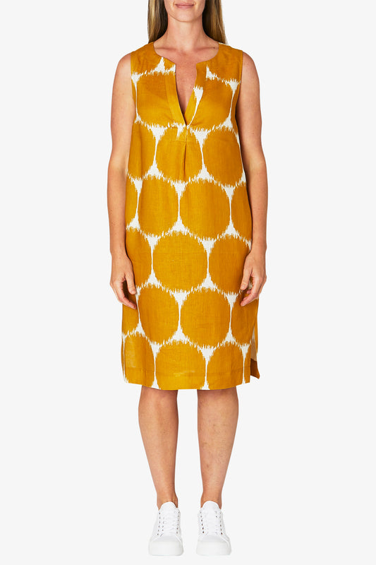 Sleeveless Abstract Spot Print Dress Old Gold Flax