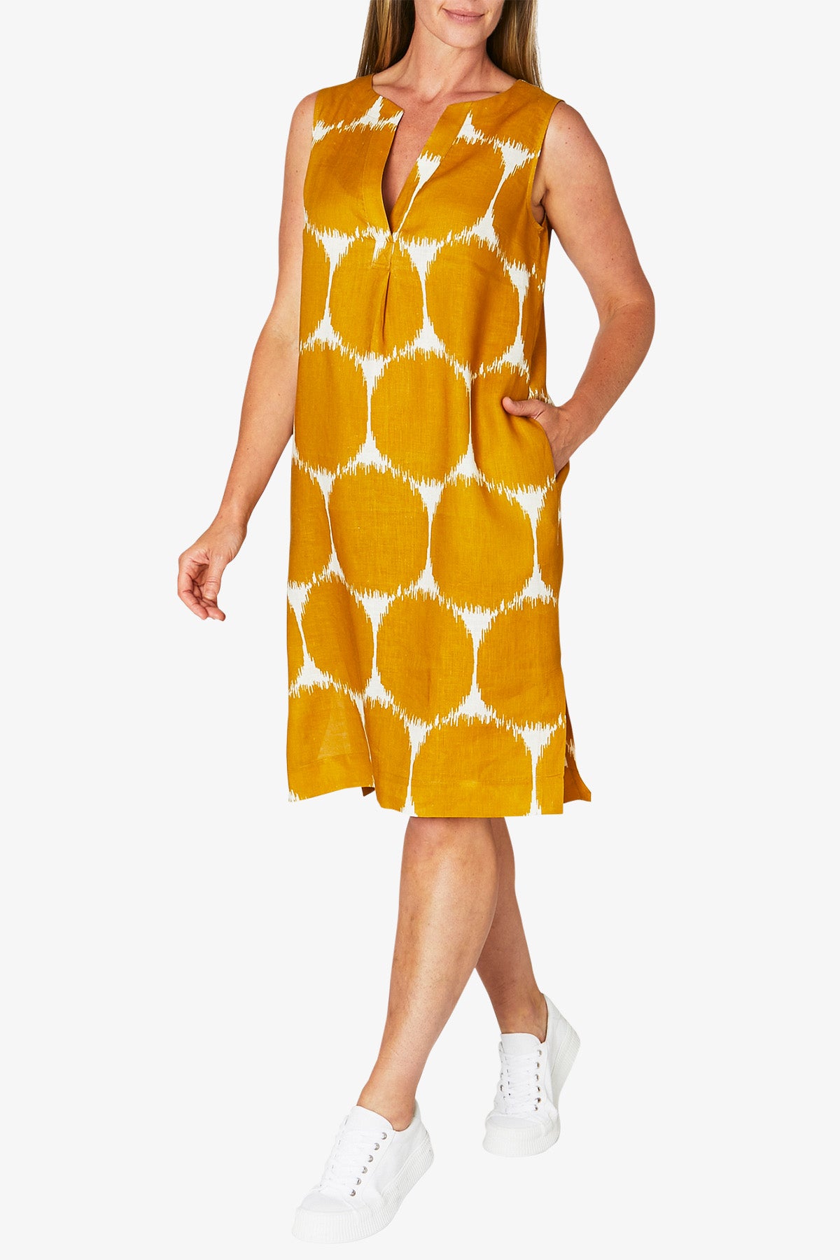 Sleeveless Abstract Spot Print Dress Old Gold Flax