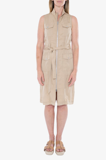 Sleeveless Zip Front Utility Dress Sesame