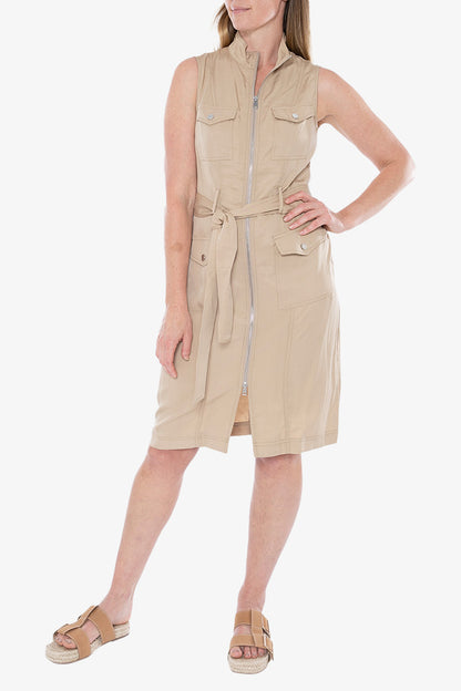 Sleeveless Zip Front Utility Dress Sesame