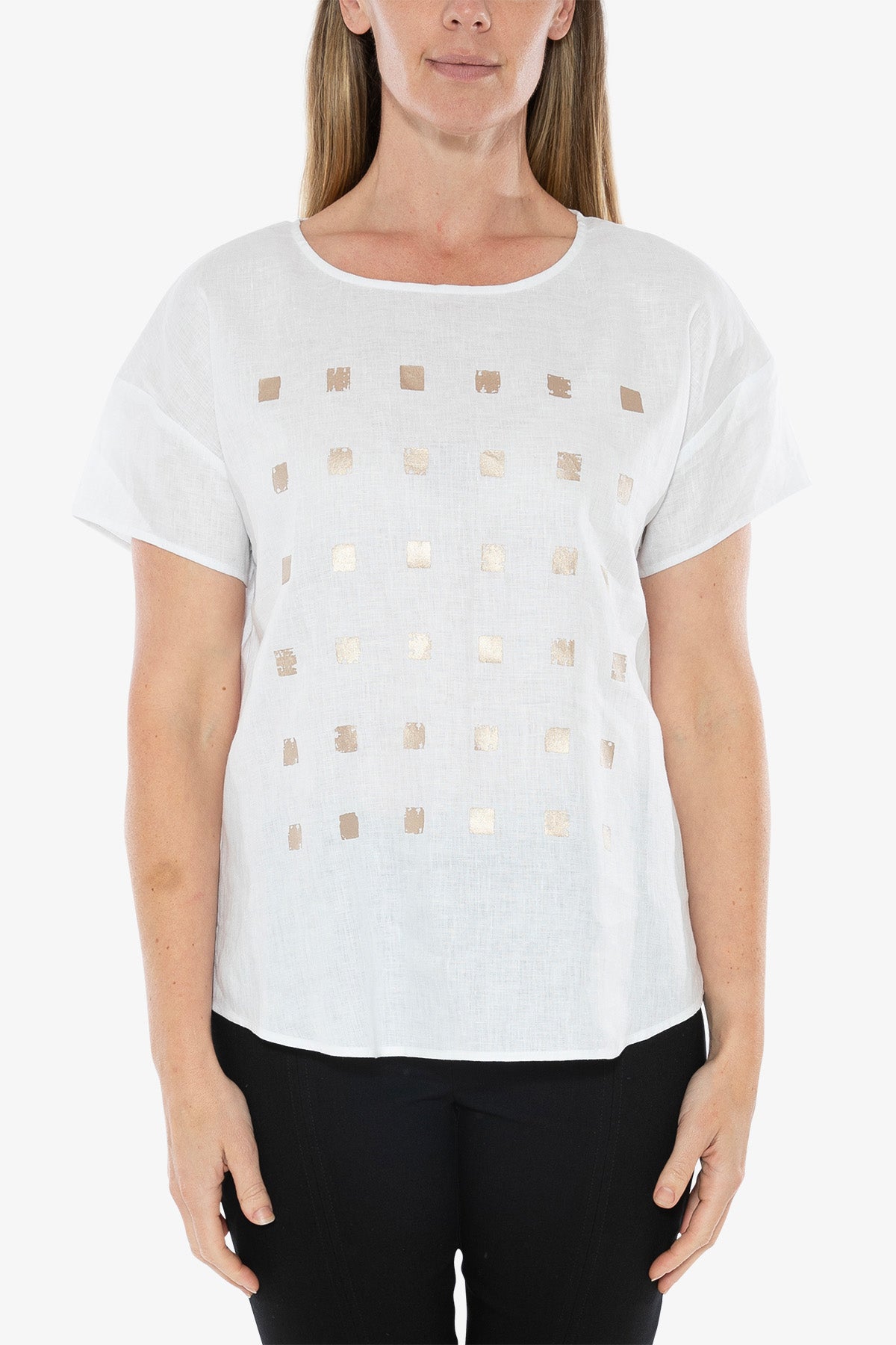 Squares Print Linen Top White and Gold