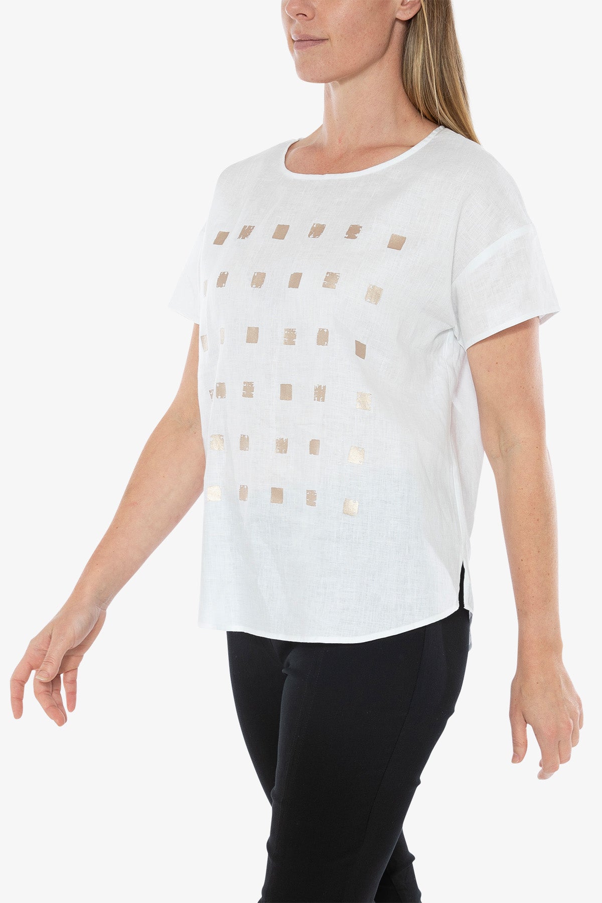 Squares Print Linen Top White and Gold