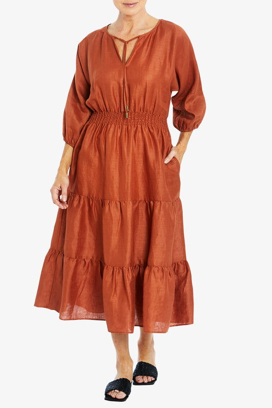 Tiered Linen Dress Shirred Waist Terracotta