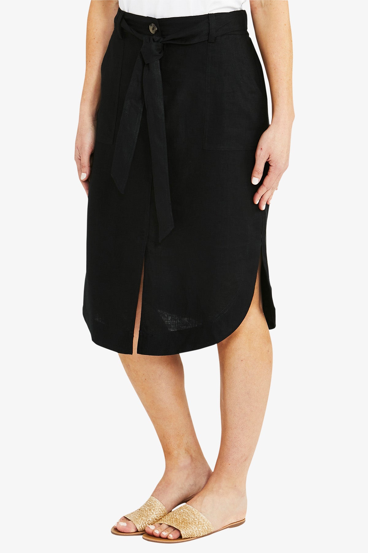 Curved Hem Linen Skirt Black