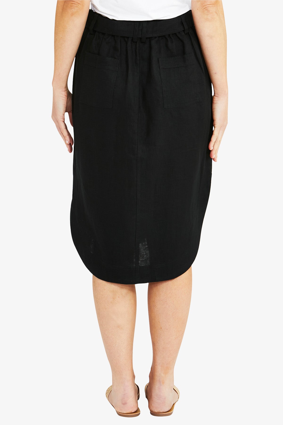 Curved Hem Linen Skirt Black